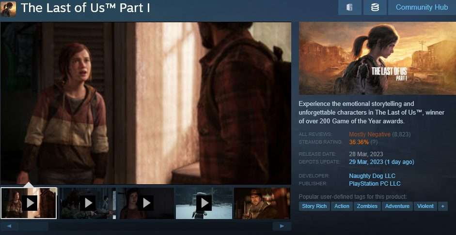 The Last of Us Part I PC sürümü Steam'de %36 oranında olumlu inceleme alabilmiş.