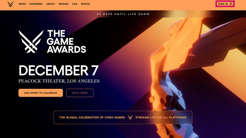 The Game Awards - Adım#2 Sağ Üstteki ''SIGN IN'' Seçeneğine Tıklayın