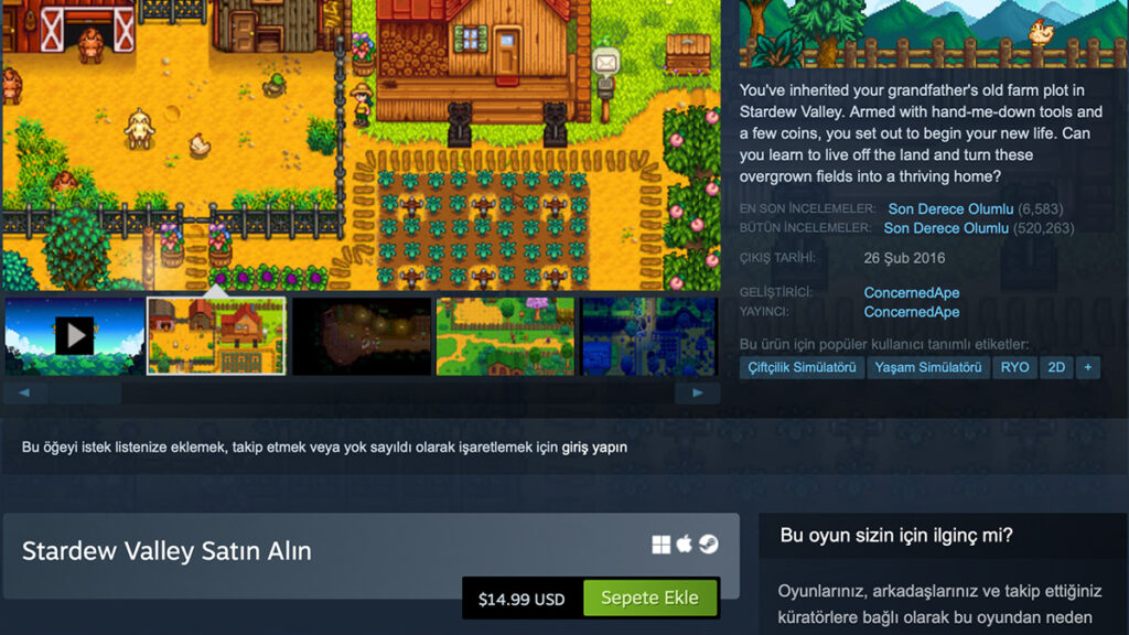 Stardew Valley'in Steam Sayfası ve Yeni Fiyatı