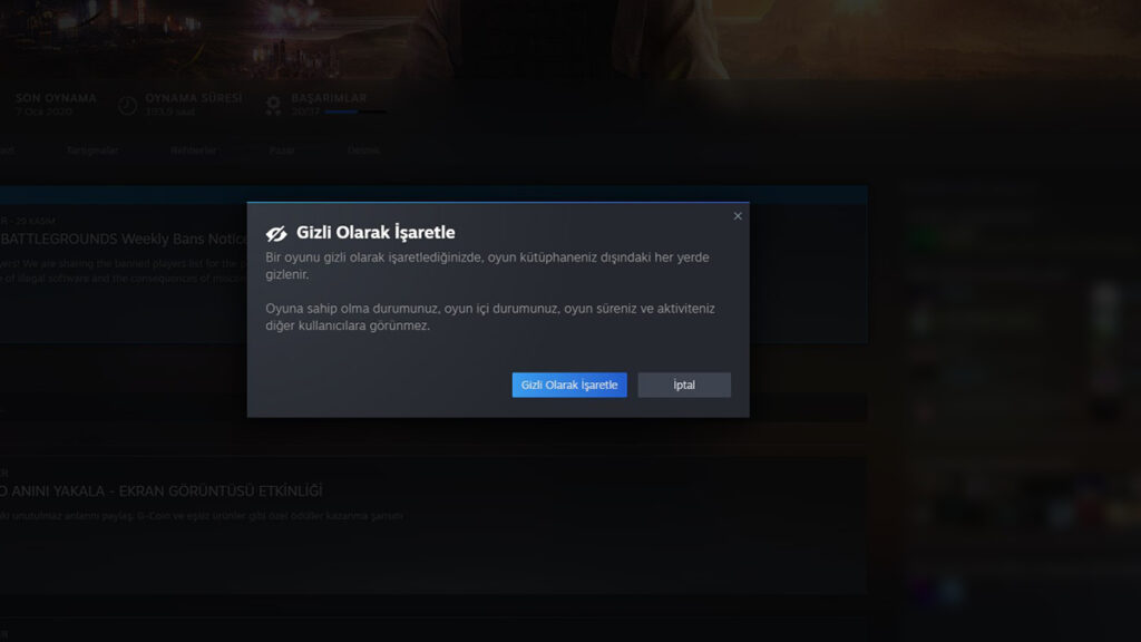 Steam'de bir oyunu gizlediğinizde tüm istatistikleriniz size özel hâle geliyor.