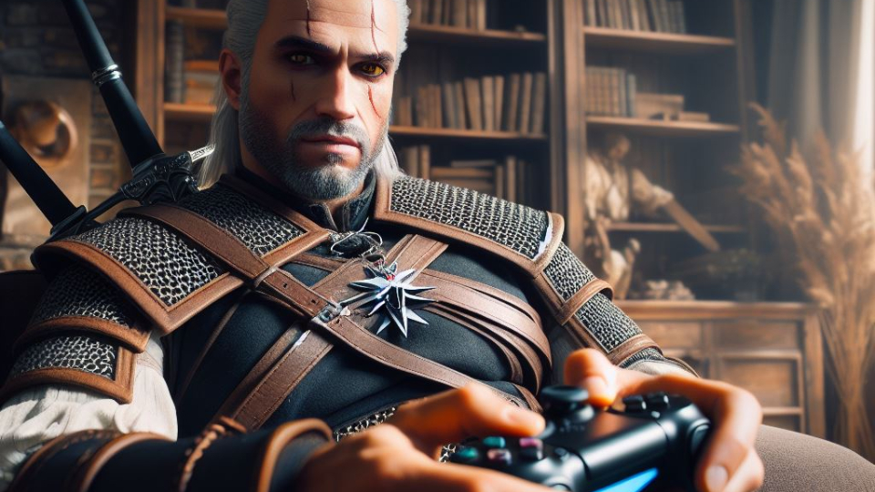 Yapay zeka yardımıyla oluşturulmuş, Geralt'ın oyun kontrolcüsü tuttuğu bir görsel.