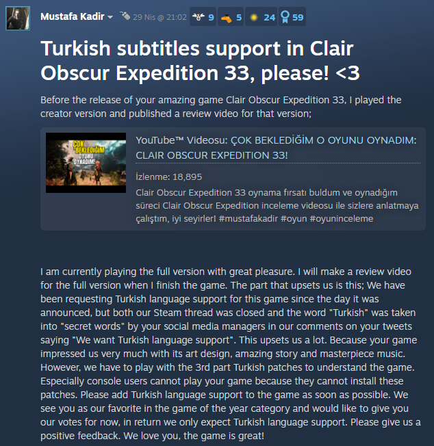 Clair Obscur: Expedition 33'e Türkçe Dil Desteği Geliyor Olabilir Clair Obscur: Expedition 33 Türkçe dil desteğine kavuşabilir