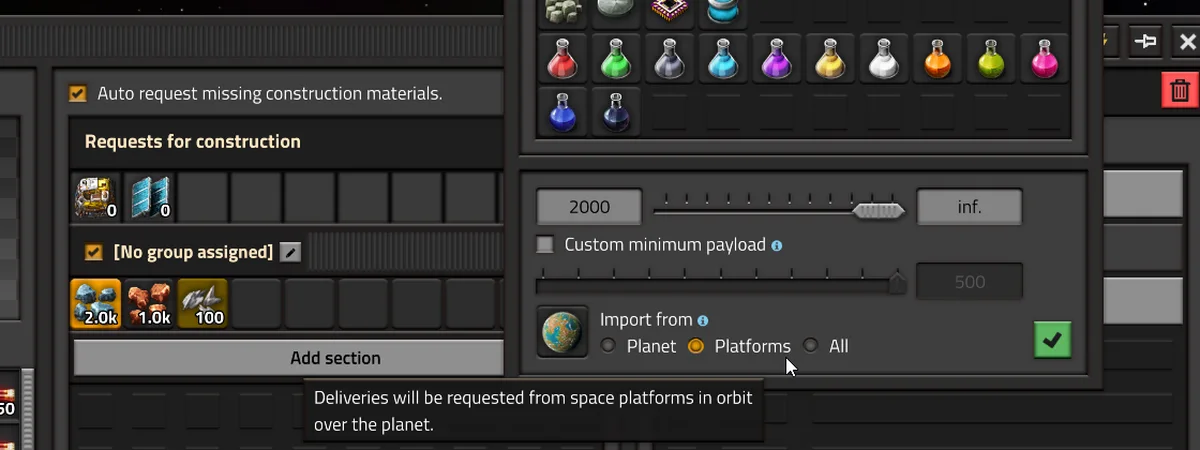 Factorio 2.1 uzay platformu istek ekranı