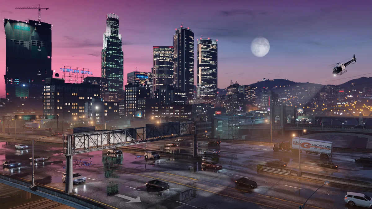 GTA V: gece Los Santos silueti ve otoyol