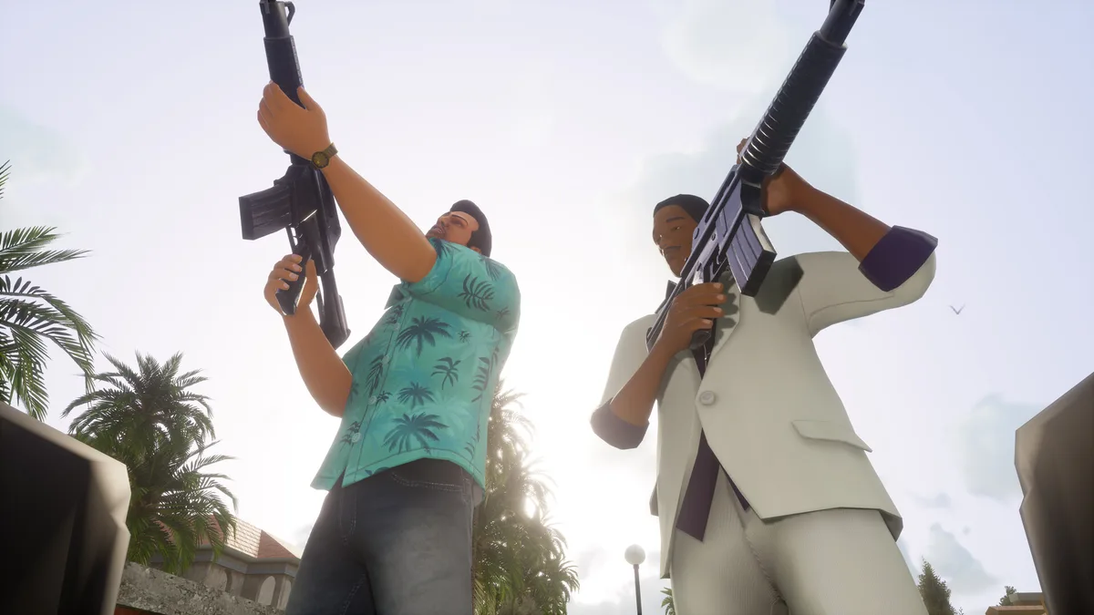 GTA Vice City Definitive Edition: Tommy Vercetti ve Lance Vance ellerinde tüfeklerle
