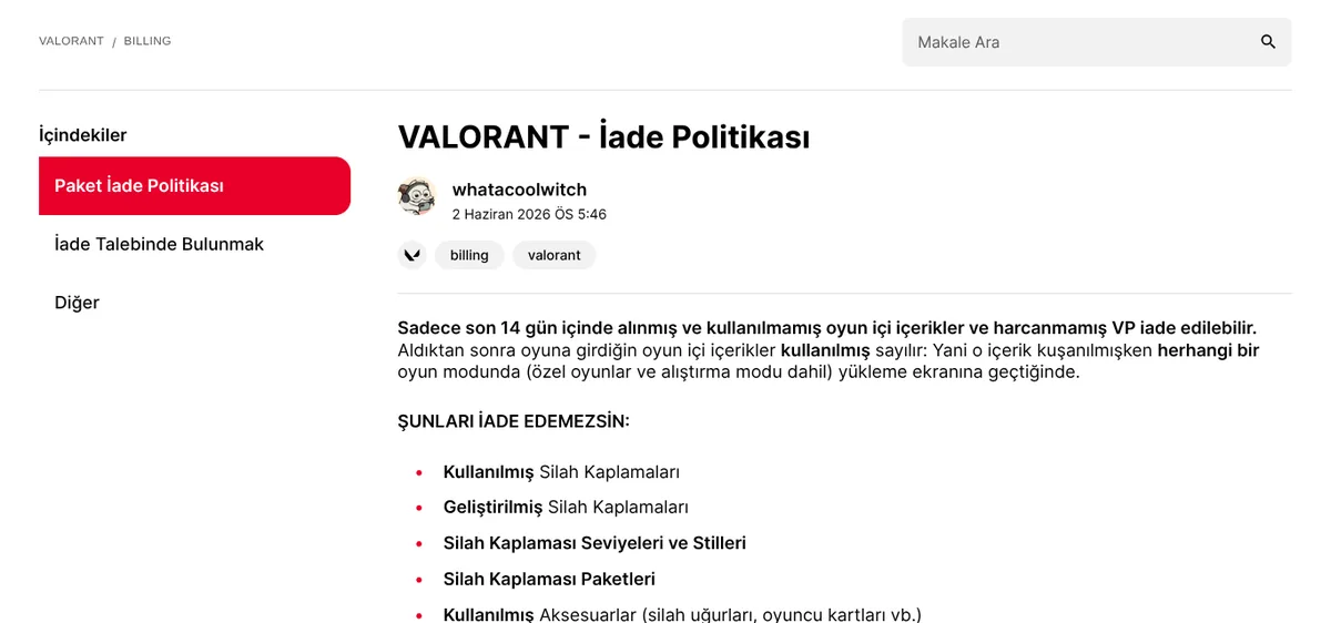 Valorant iade politikası