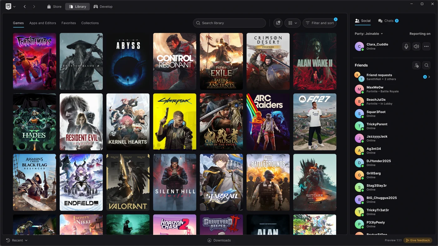 Yeni Epic Games Launcher kütüphane ekranı