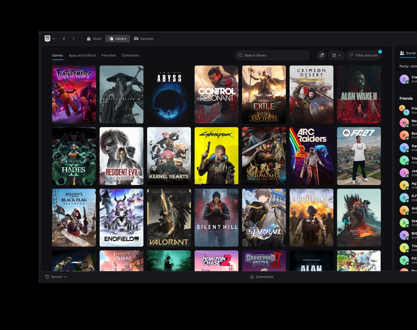 Yeni Epic Games Launcher oyun kütüphanesi ve arkadaş listesi
